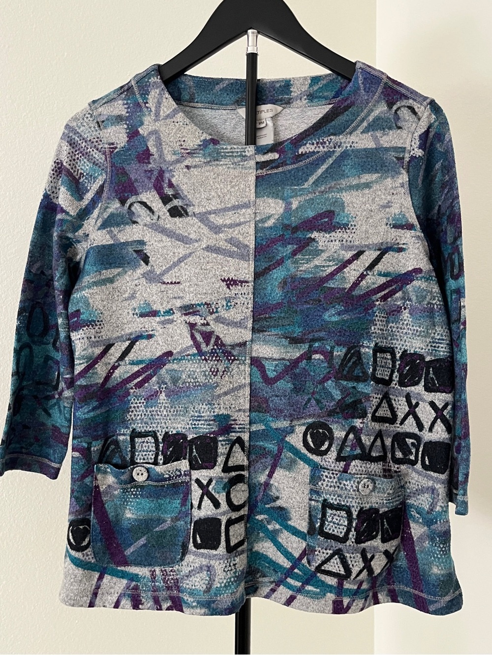 ✨ Multiples Petite Medium Abstract Print Top | Front Pockets + Stretch Knit